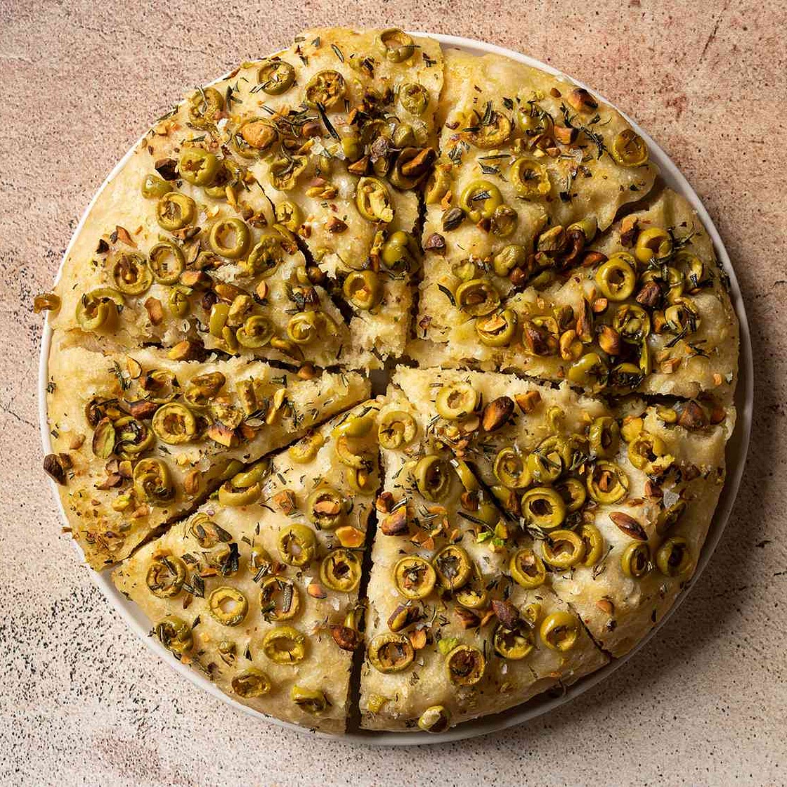 Easy No-Knead Olive-Rosemary Focaccia With Pistachios