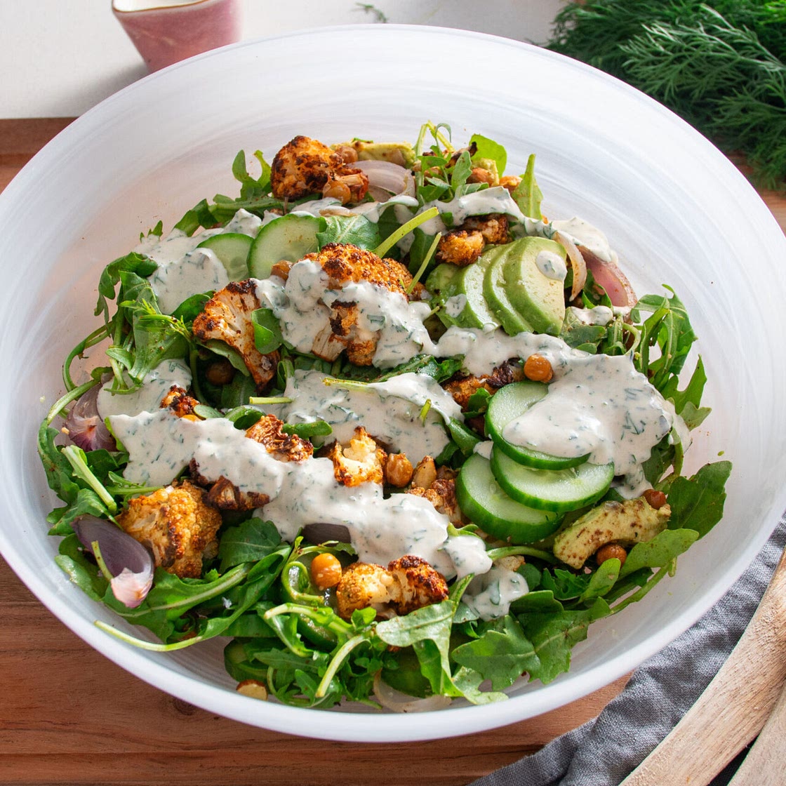 Roasted Cauliflower Salad w/ Healthy Ranch Dressing