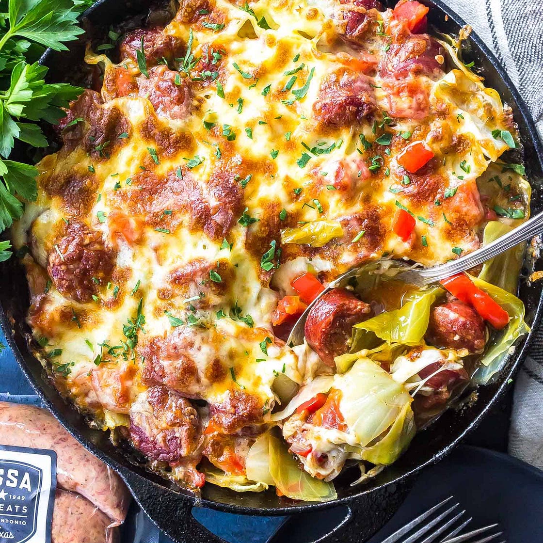 Keto Cheesy Cabbage Sausage Skillet
