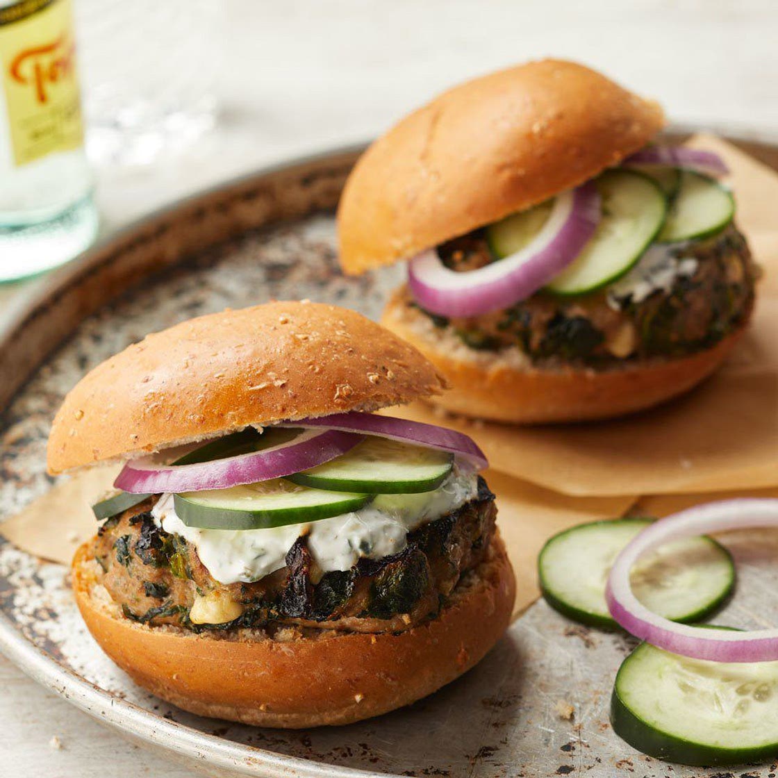 Turkey Burgers with Spinach, Feta & Tzatziki