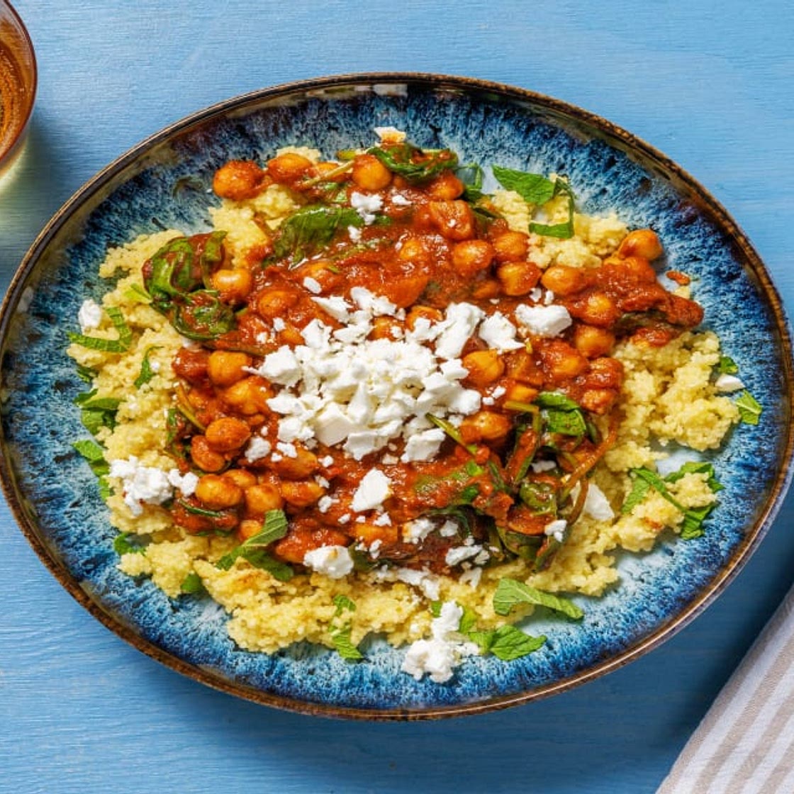 Spinach and Chickpea Moroccan Style Stew with Baharat and Mint Couscous
