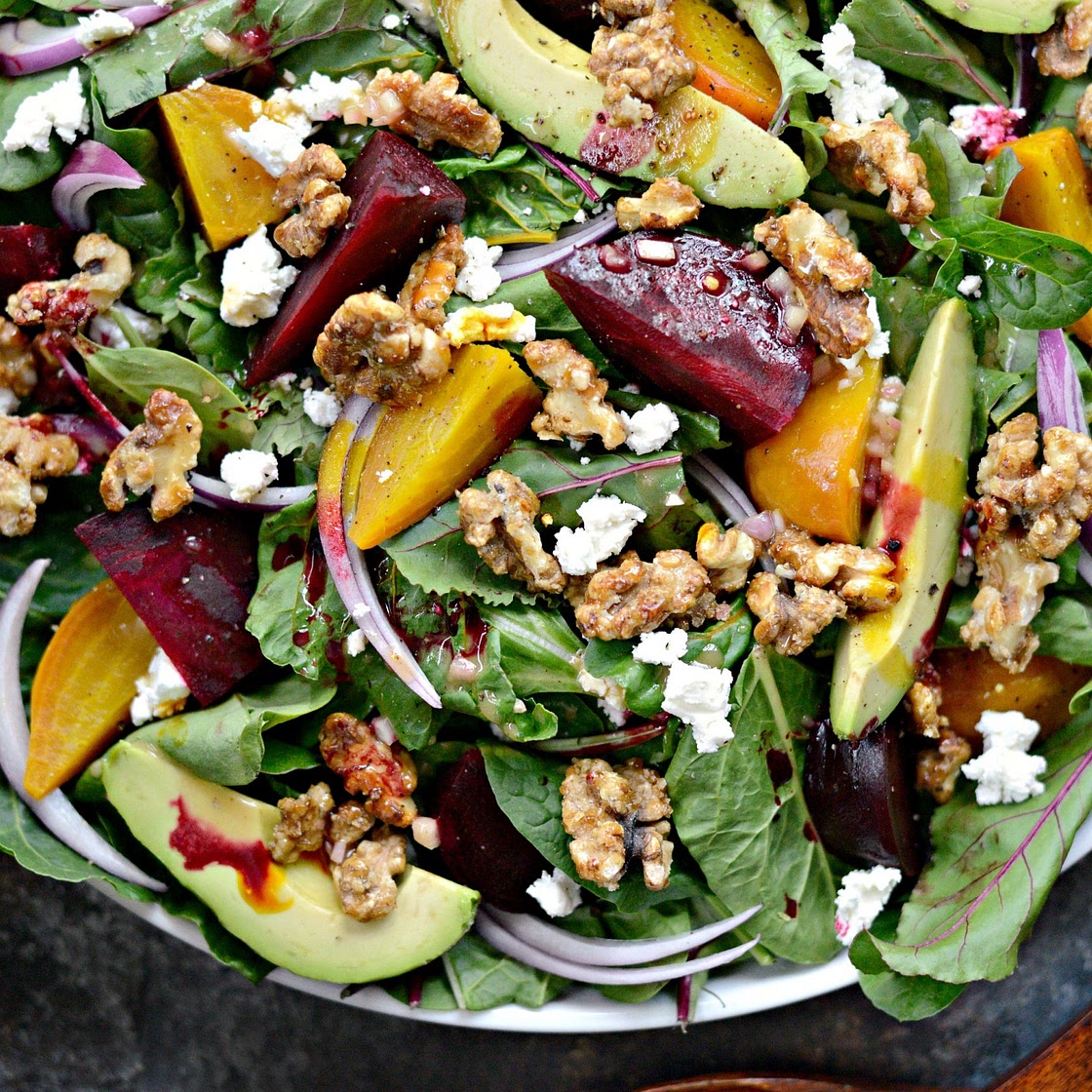 Roasted Beet Salad with Avocado, Goat Cheese and Candied Walnuts with Honey Dijon Vinaigrette
