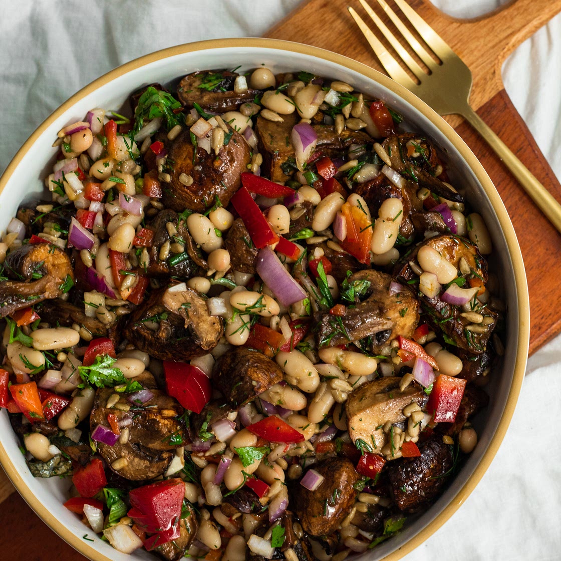Warm Mushroom White Bean Crunch Salad