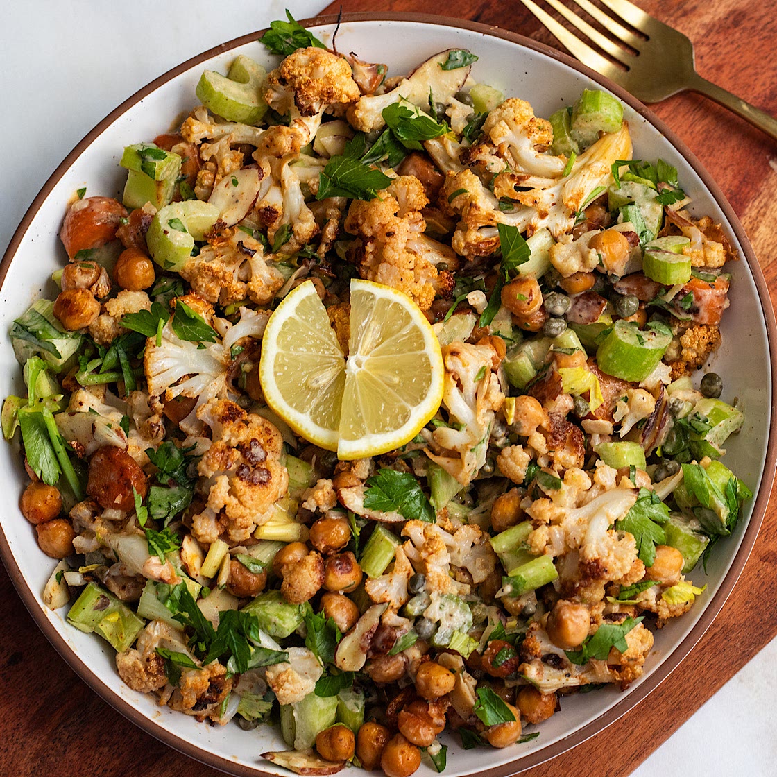 roasted cauliflower crunch salad with lemon tahini dressing