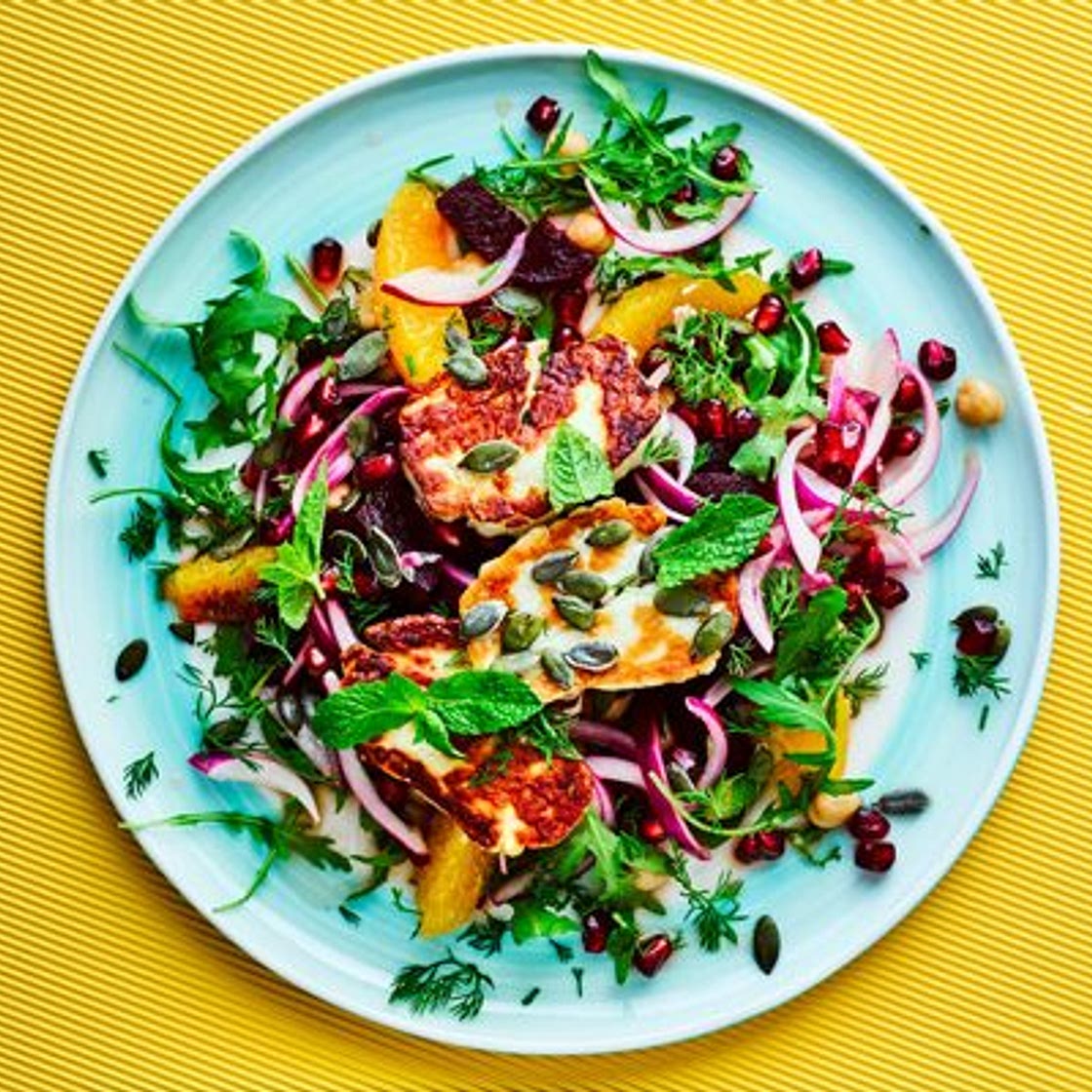 Beetroot & halloumi salad with pomegranate and dill