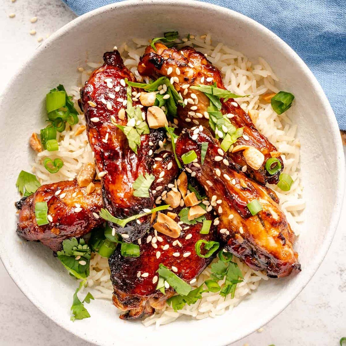 Sticky Baked Sesame Chicken Wings and Rice Recipe