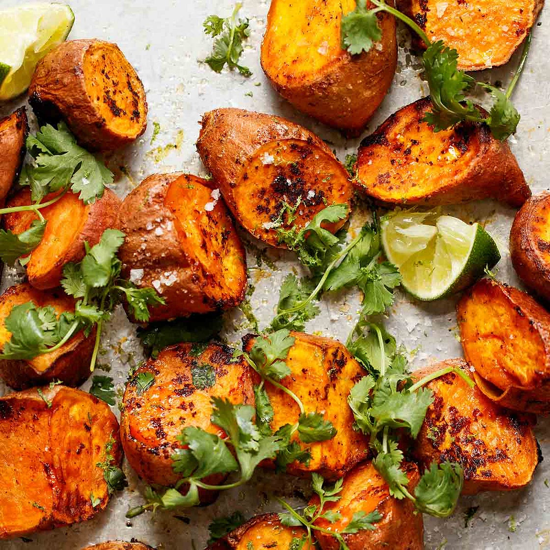 Roasted Sweet Potatoes with Sriracha and Lime