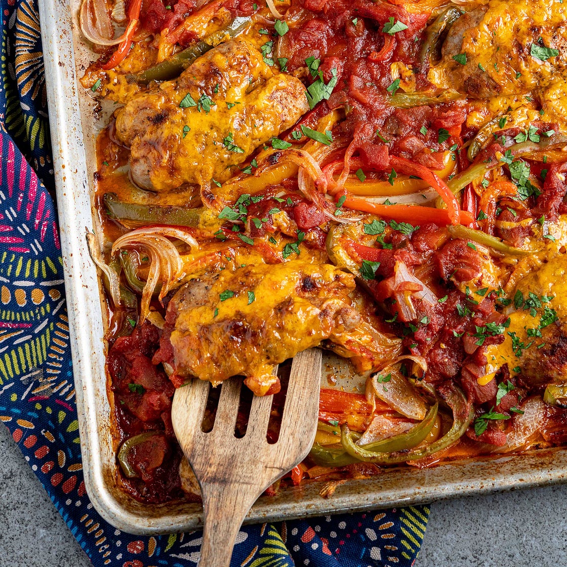 Cheesy Sausage Salsa Tray Bake