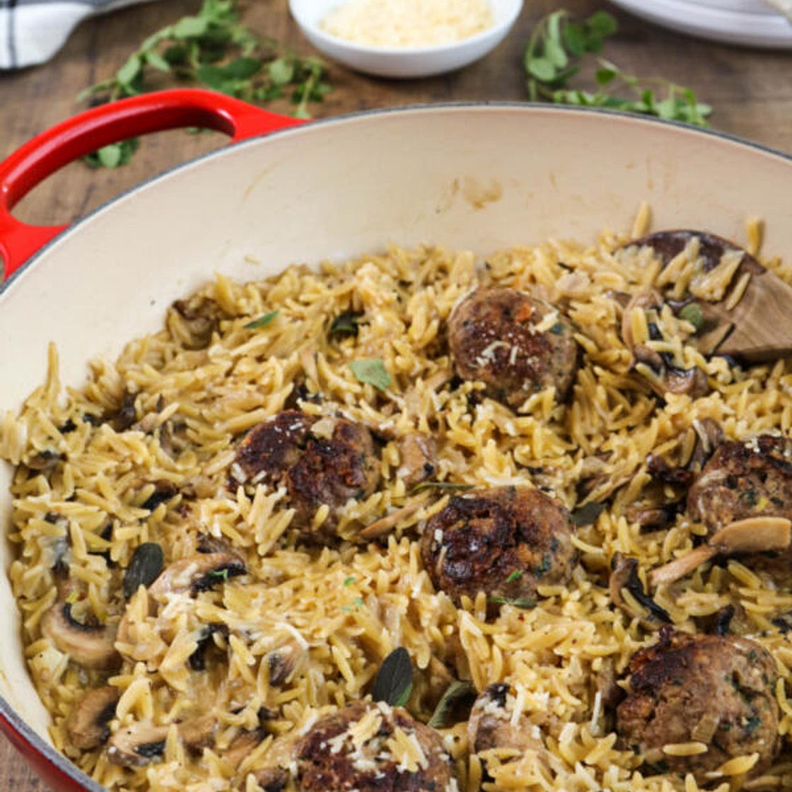 One pan meatballs and orzo with mushrooms