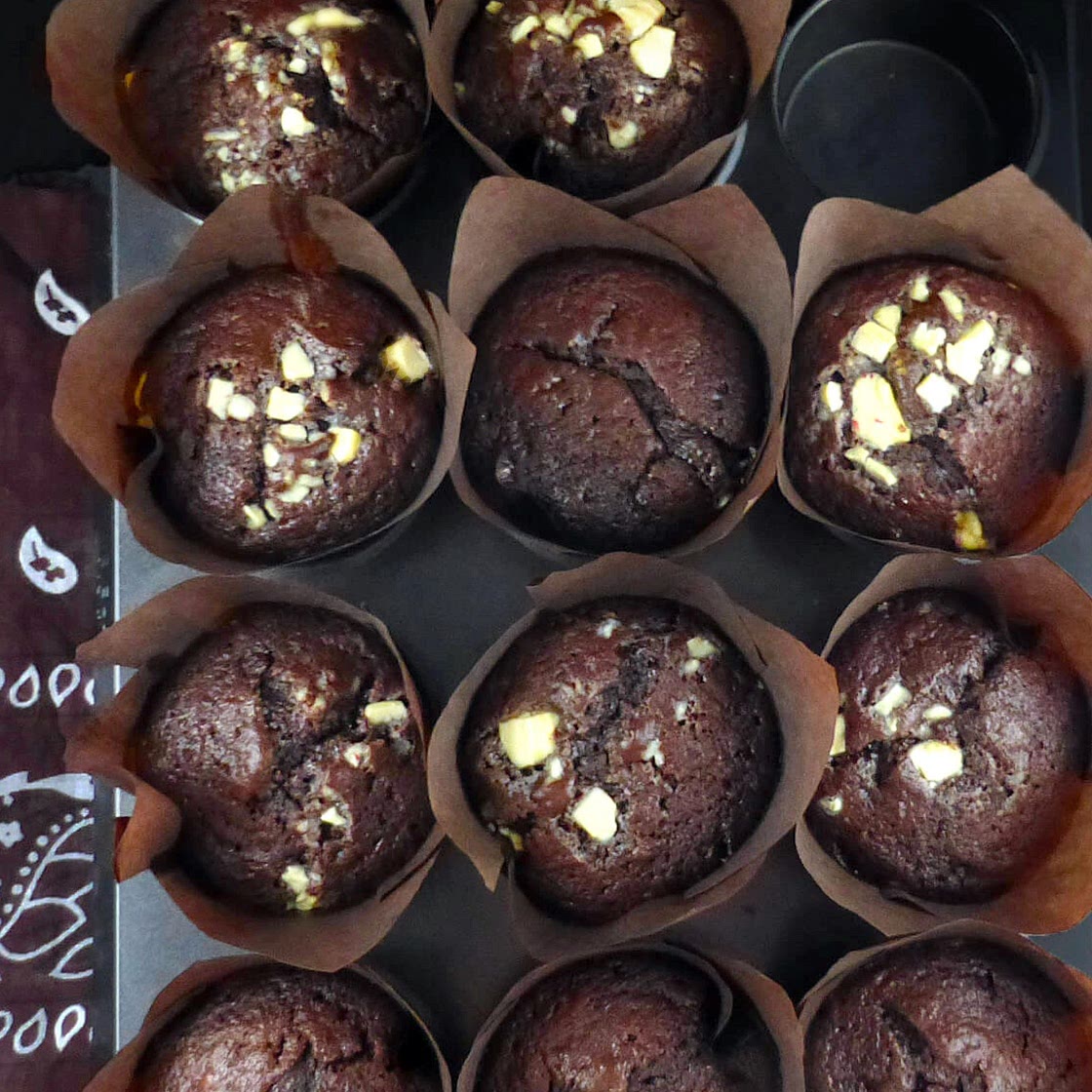 Chocolate Spelt Muffins (with White Chocolate Chunks)