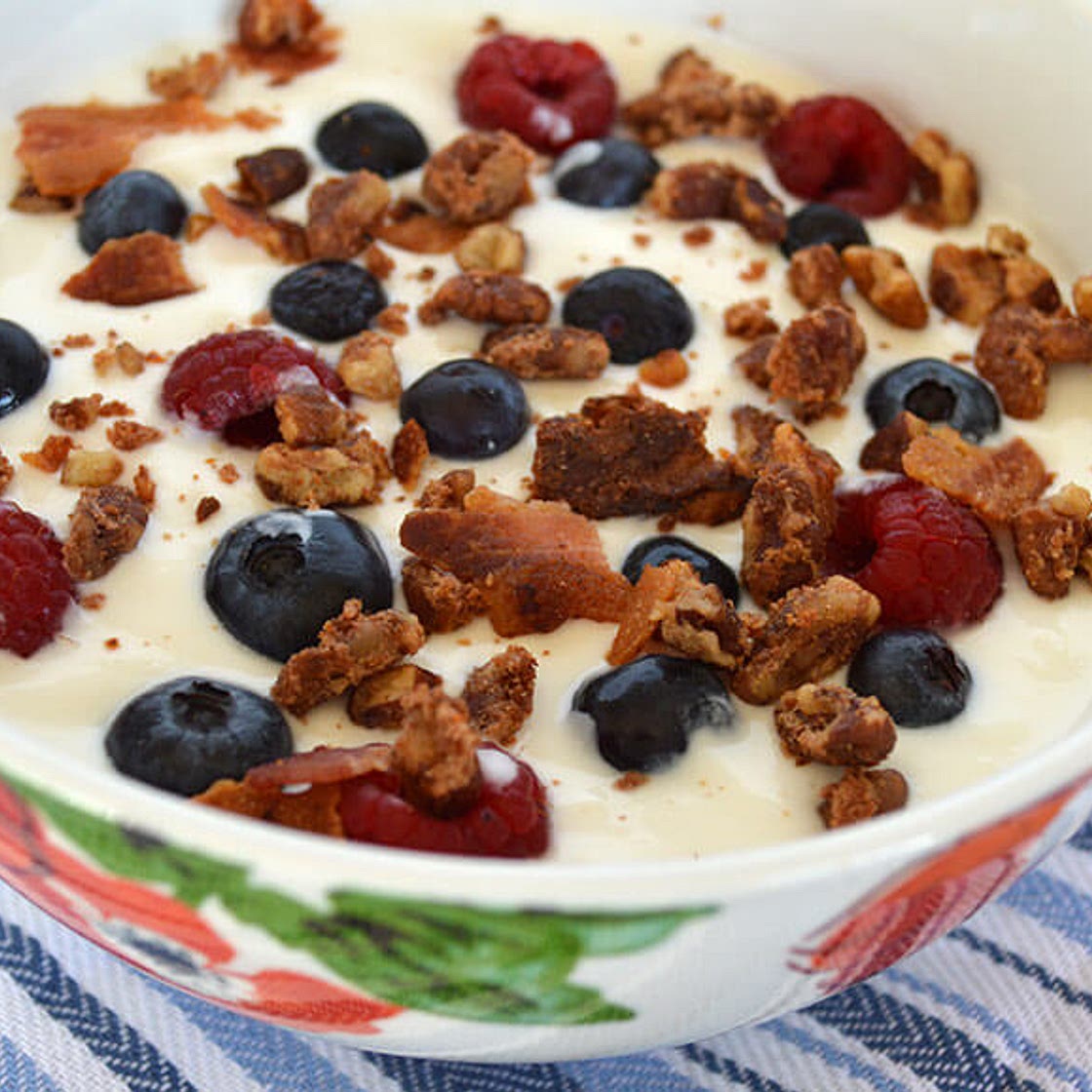 Paleo Maple Pecan Granola with Bacon Sprinkles