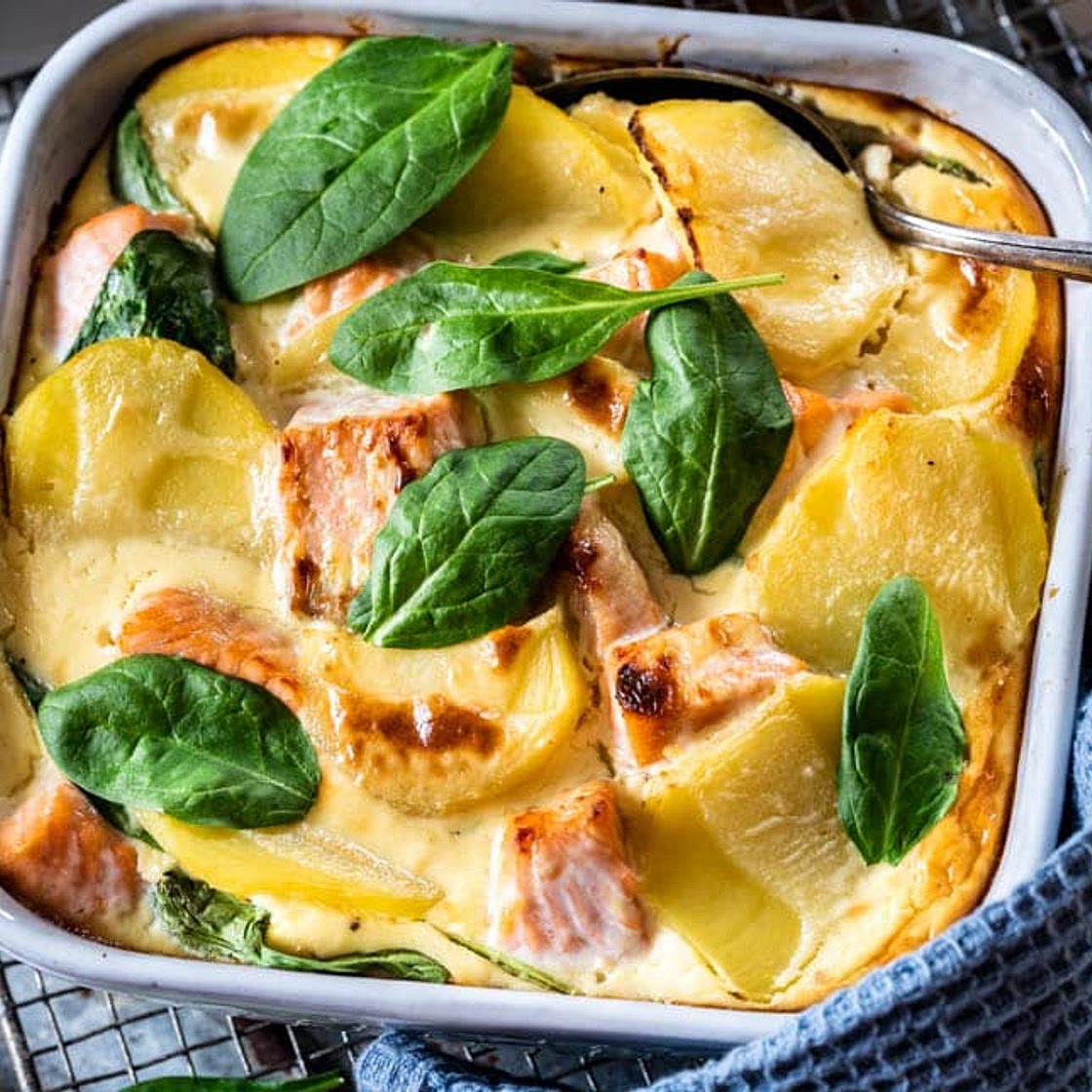 Kartoffel Lachs Auflauf mit Spinat