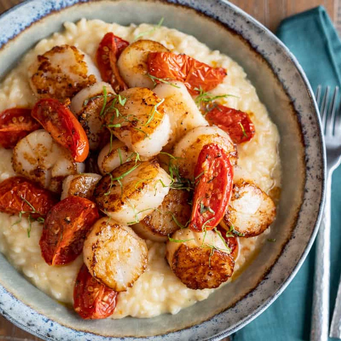 Seared Scallops with Truffle Risotto & Roasted Tomatoes