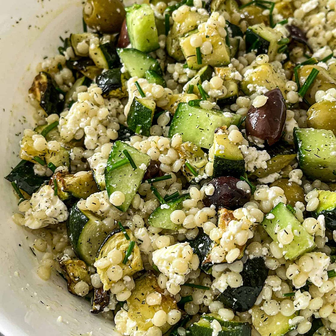 Mediterranean Couscous Salad with Cucumbers, Feta and Roasted Zucchini