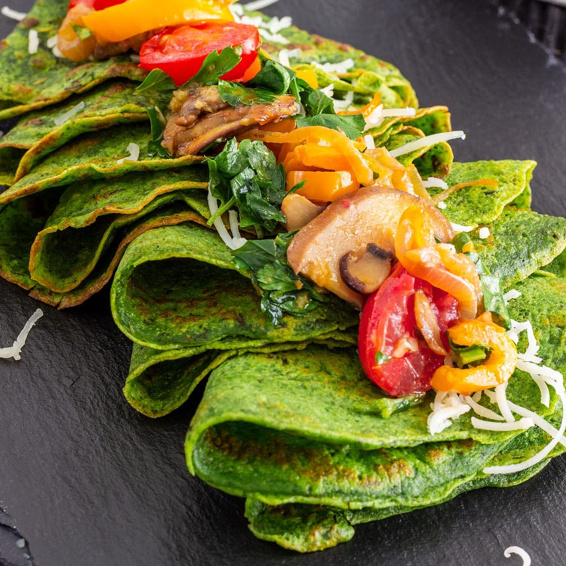 Spinach Crepes with Sauteed Vegetables
