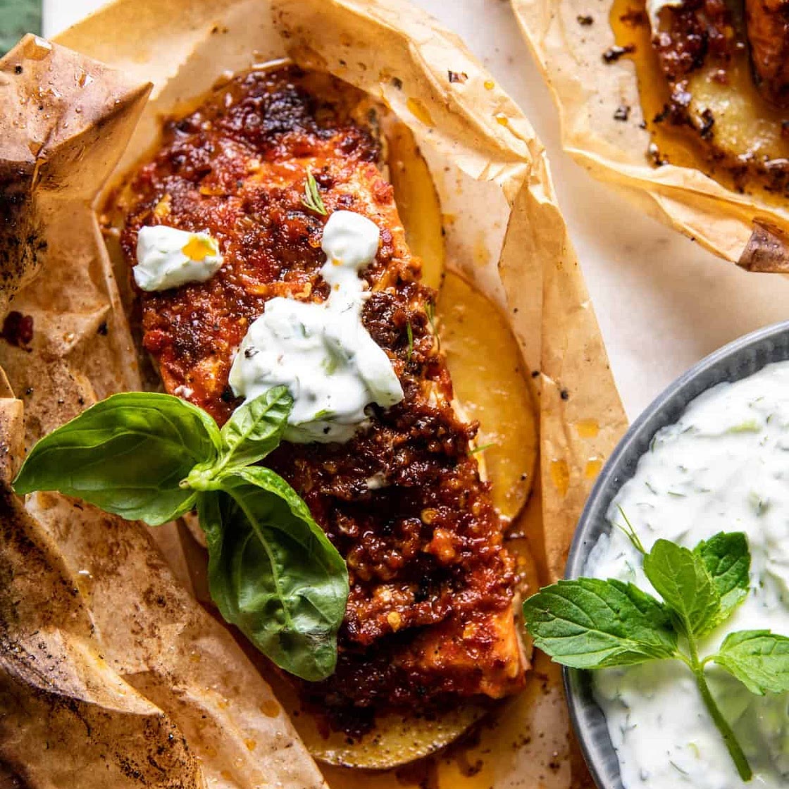 Parchment Baked Roasted Red Pepper Salmon