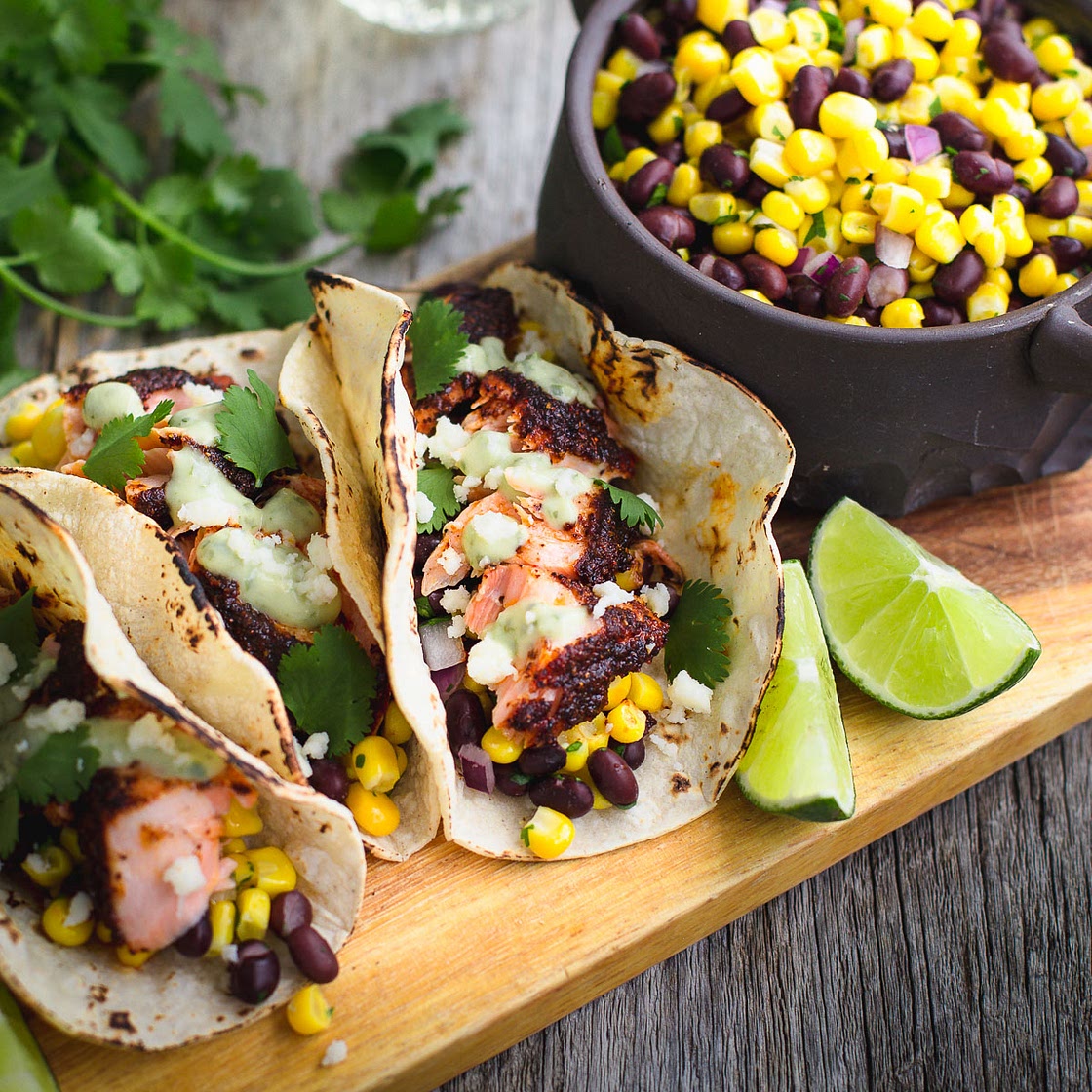 Blackened Salmon Tacos with Avocado Sauce and Black Bean & Corn Relish