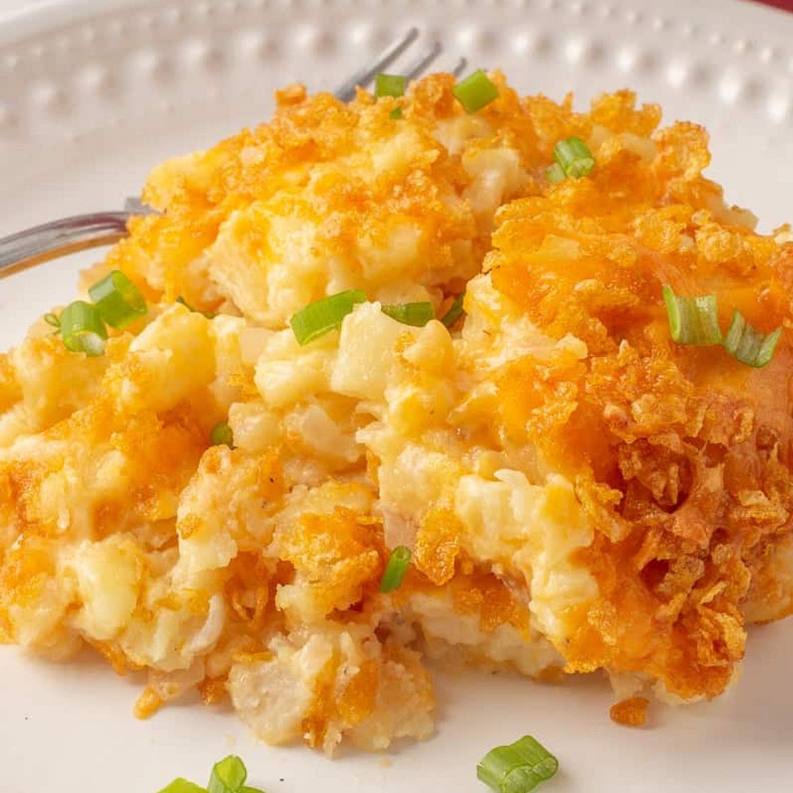 Cheesy Hashbrown Casserole with Corn Flakes Topping