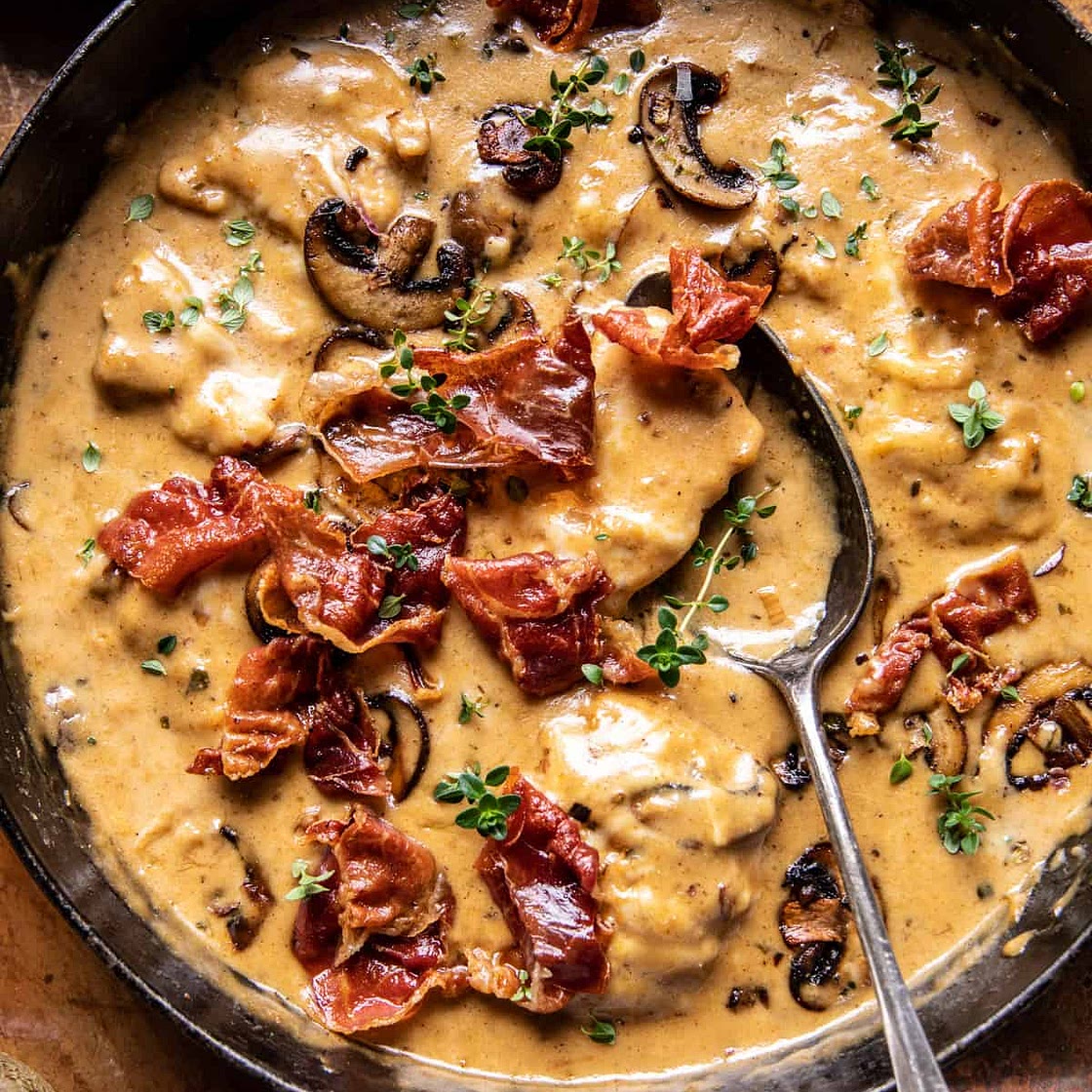 Smothered Chicken in Mushroom Wine Pan Sauce