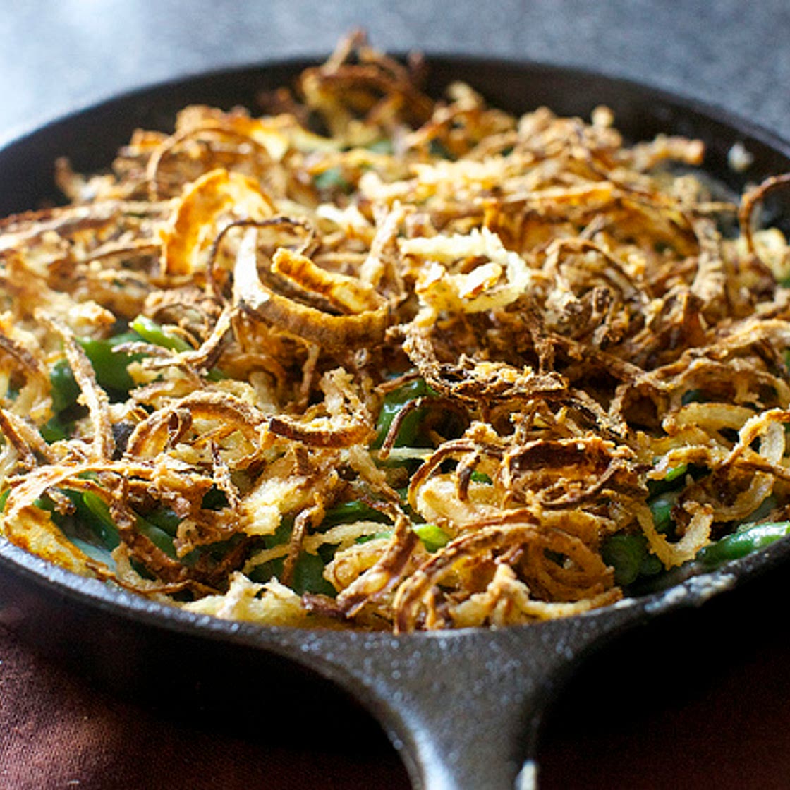 green bean casserole with crispy onions
