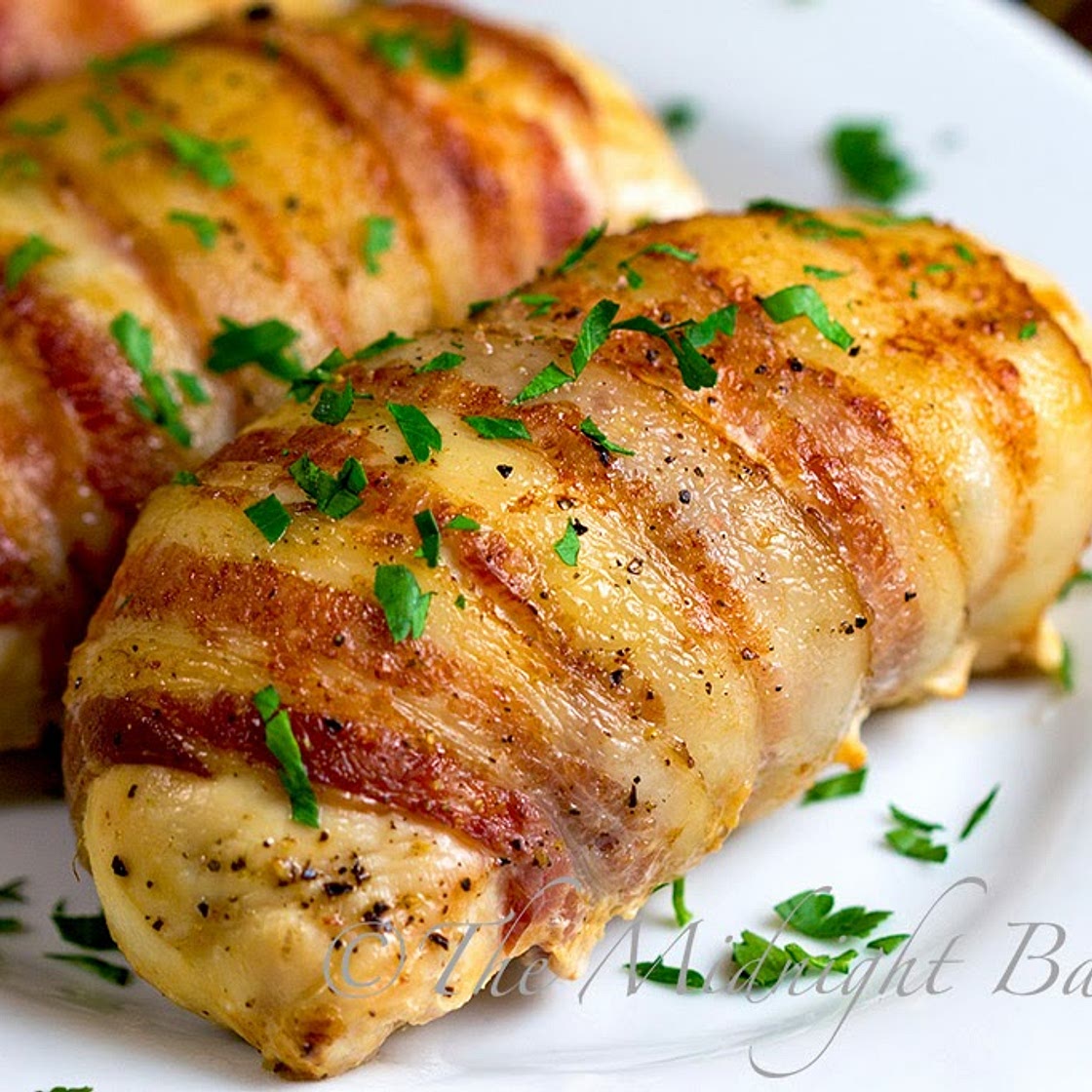 Bacon Wrapped Cheese & Mushroom Stuffed Chicken Breasts