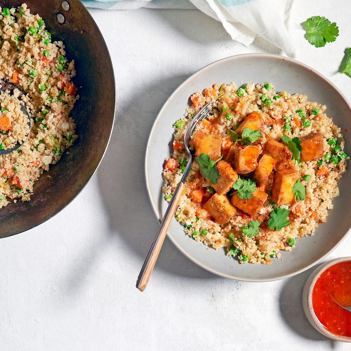 Cauliflower fried rice with crispy baked tofu