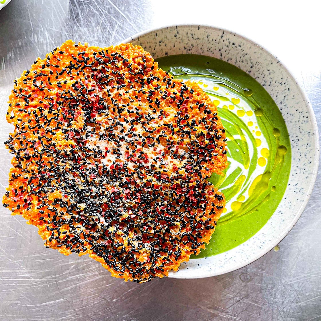 Broccoli Cheddar Soup With Cheddar Sesame Cracker