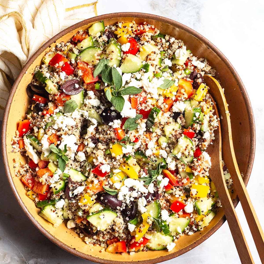 Mediterranean Quinoa Salad with Peppers, Cucumbers, Olives and Feta
