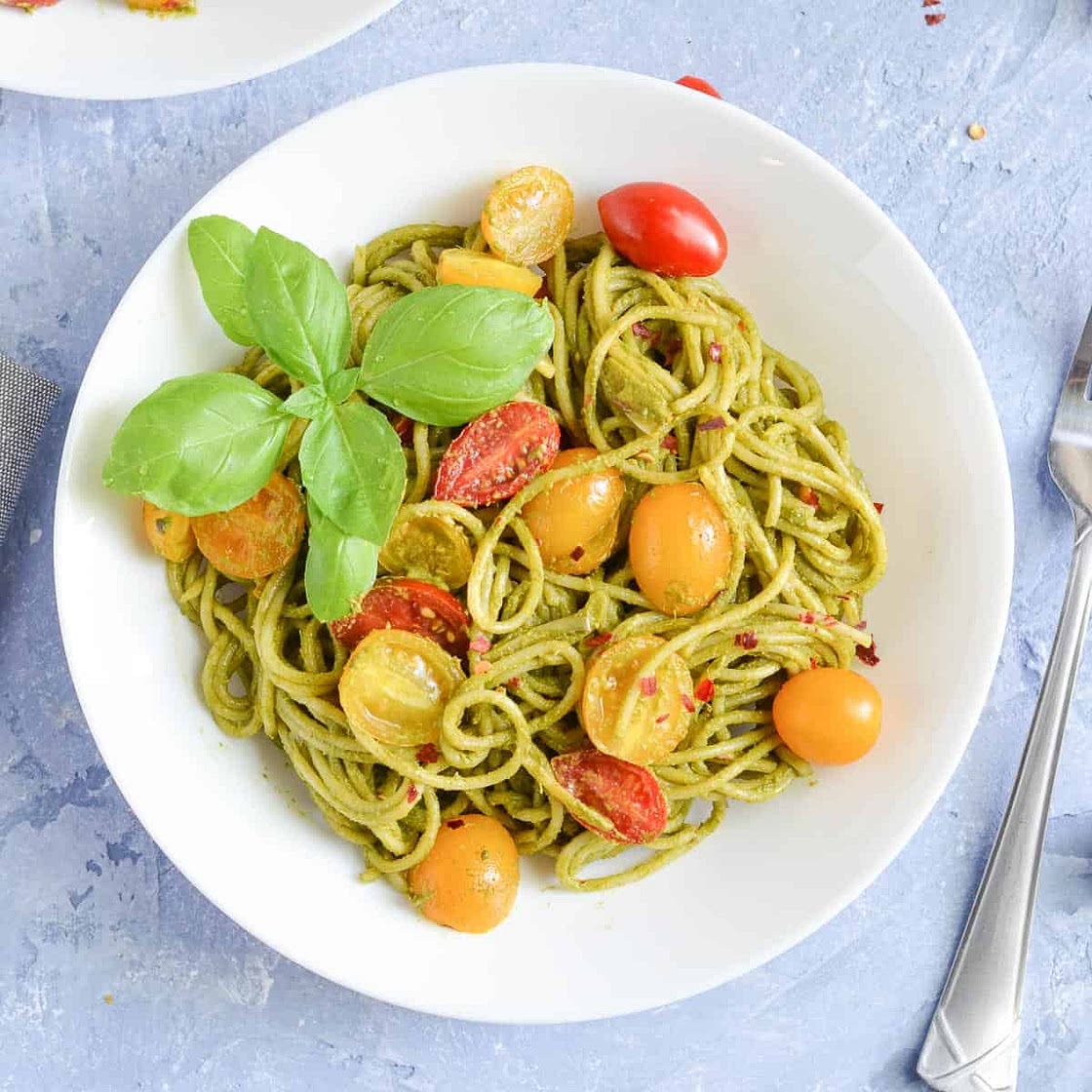 Spicy Roasted Poblano Pesto Pasta (Vegan+Gluten-free)