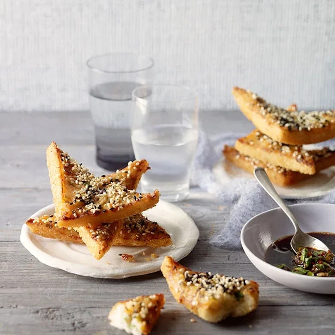 Prawn toasts with black vinegar and chilli dipping sauce