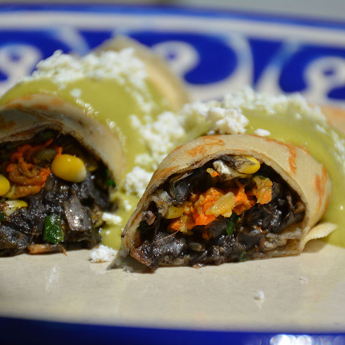 Huitlacoche, Corn & Squash Blossom Crepes with Poblano Sauce