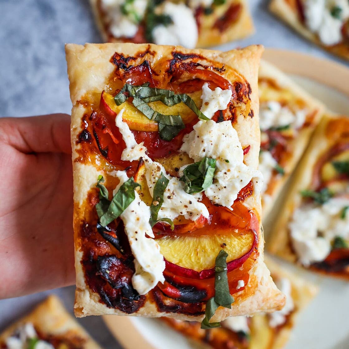 Peach, Burrata, Prosciutto and Basil Pastries