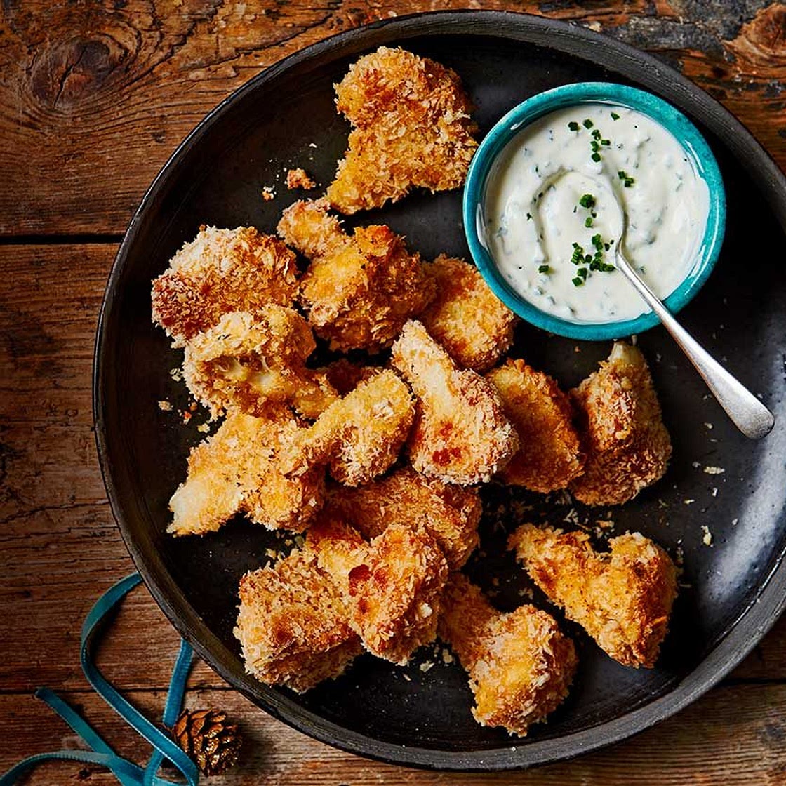 Air-fryer cauliflower popcorn with soured cream & herb dressing