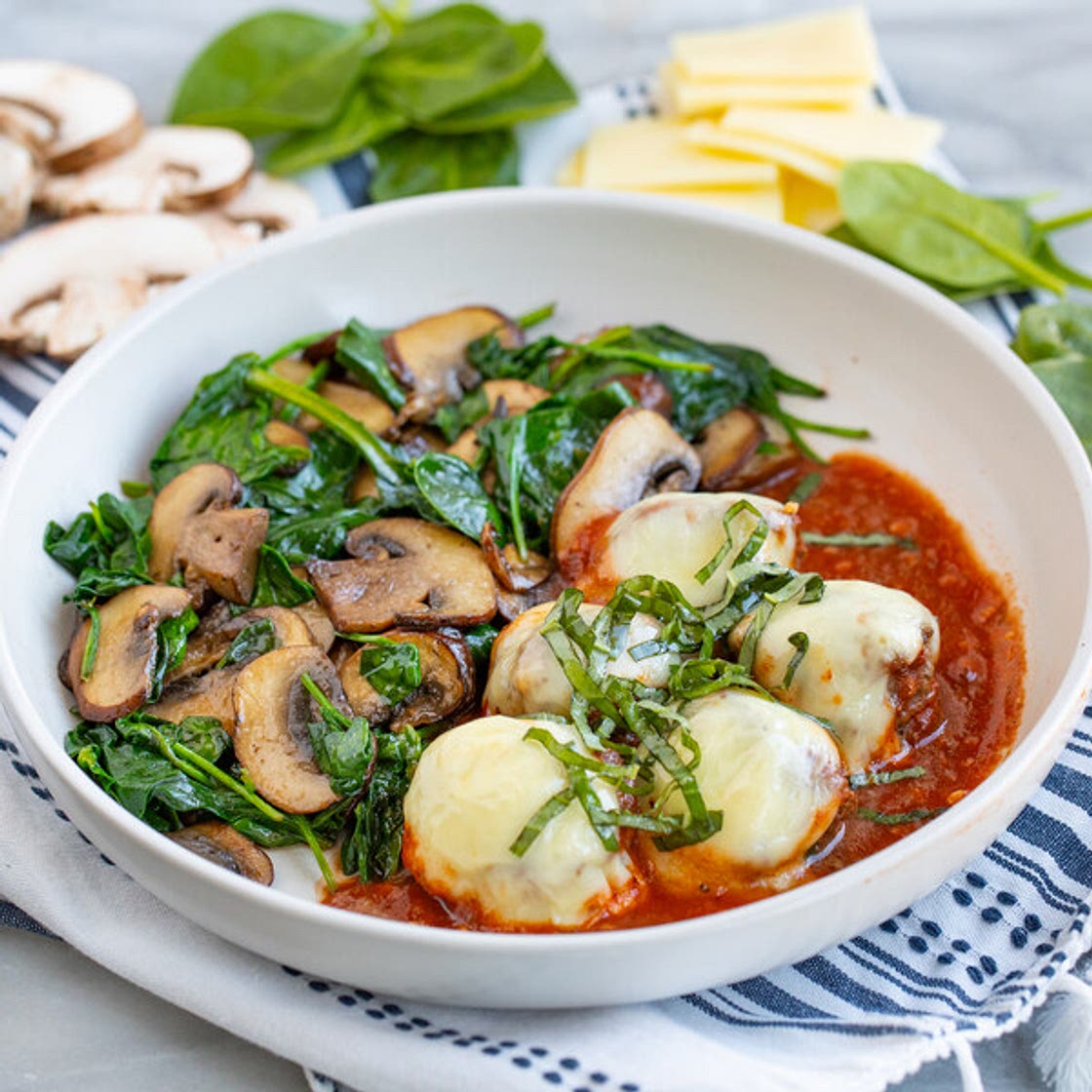 Beef Meatballs with Melted Mozzarella, Basil & Spinach-Mushroom Sauté