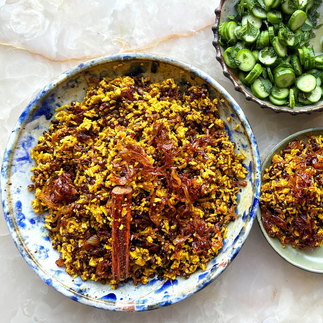 Kejadara with cucumber and mint salad