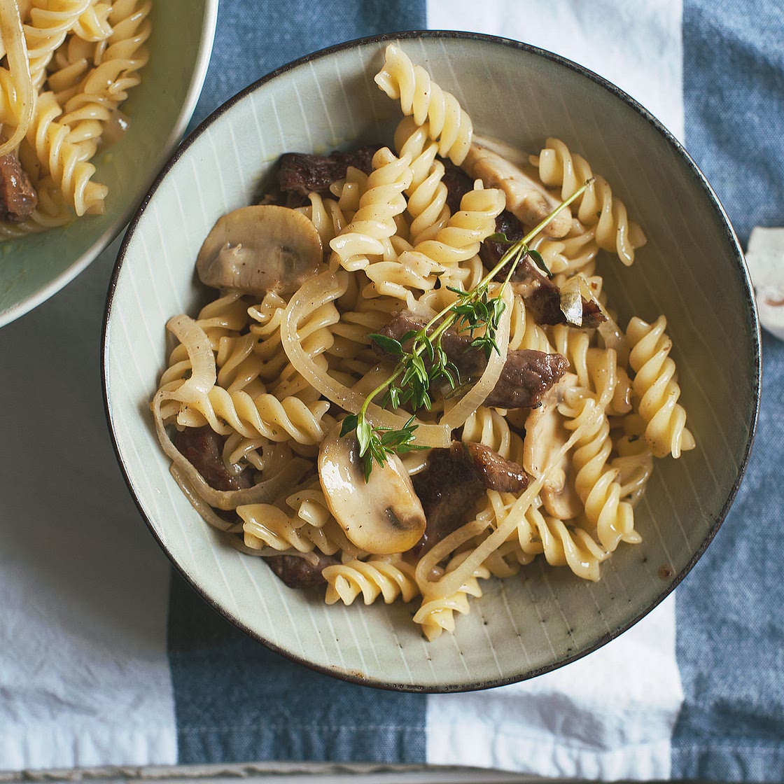 Pasta with beef and creamy mushrooms