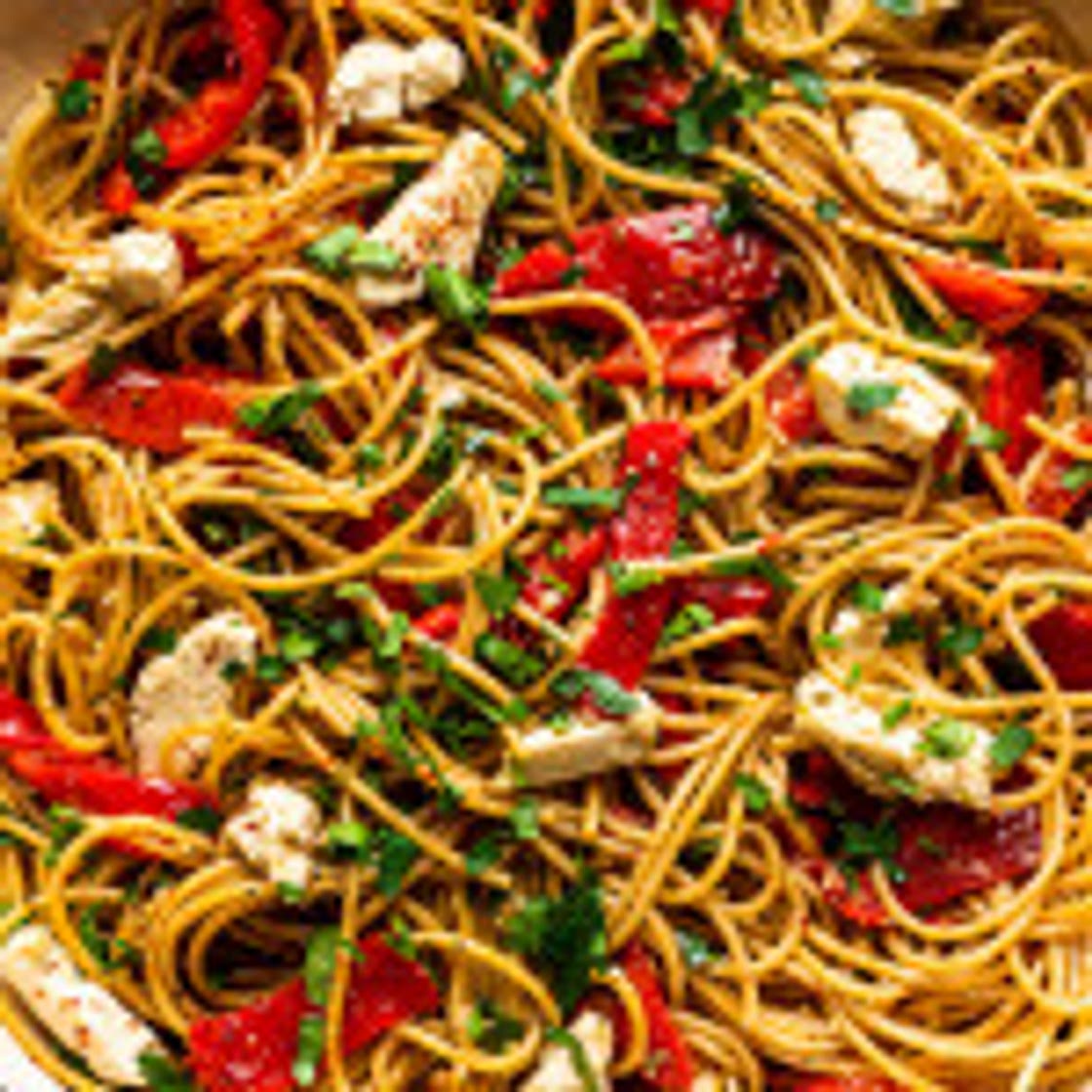 Roasted pepper pasta with vegan feta