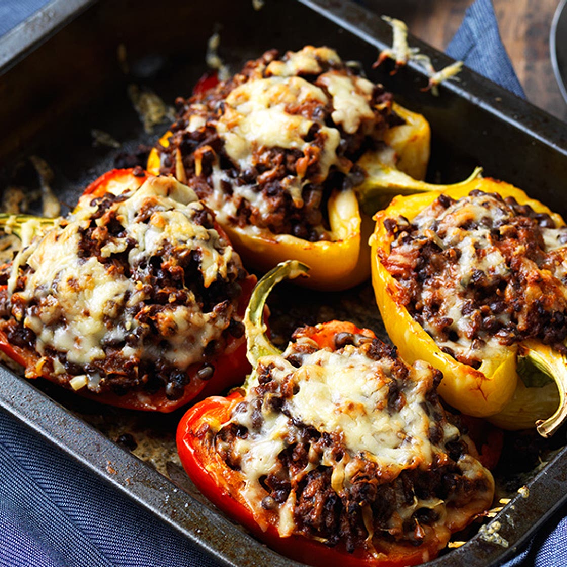 Spiced mince and lentil stuffed peppers