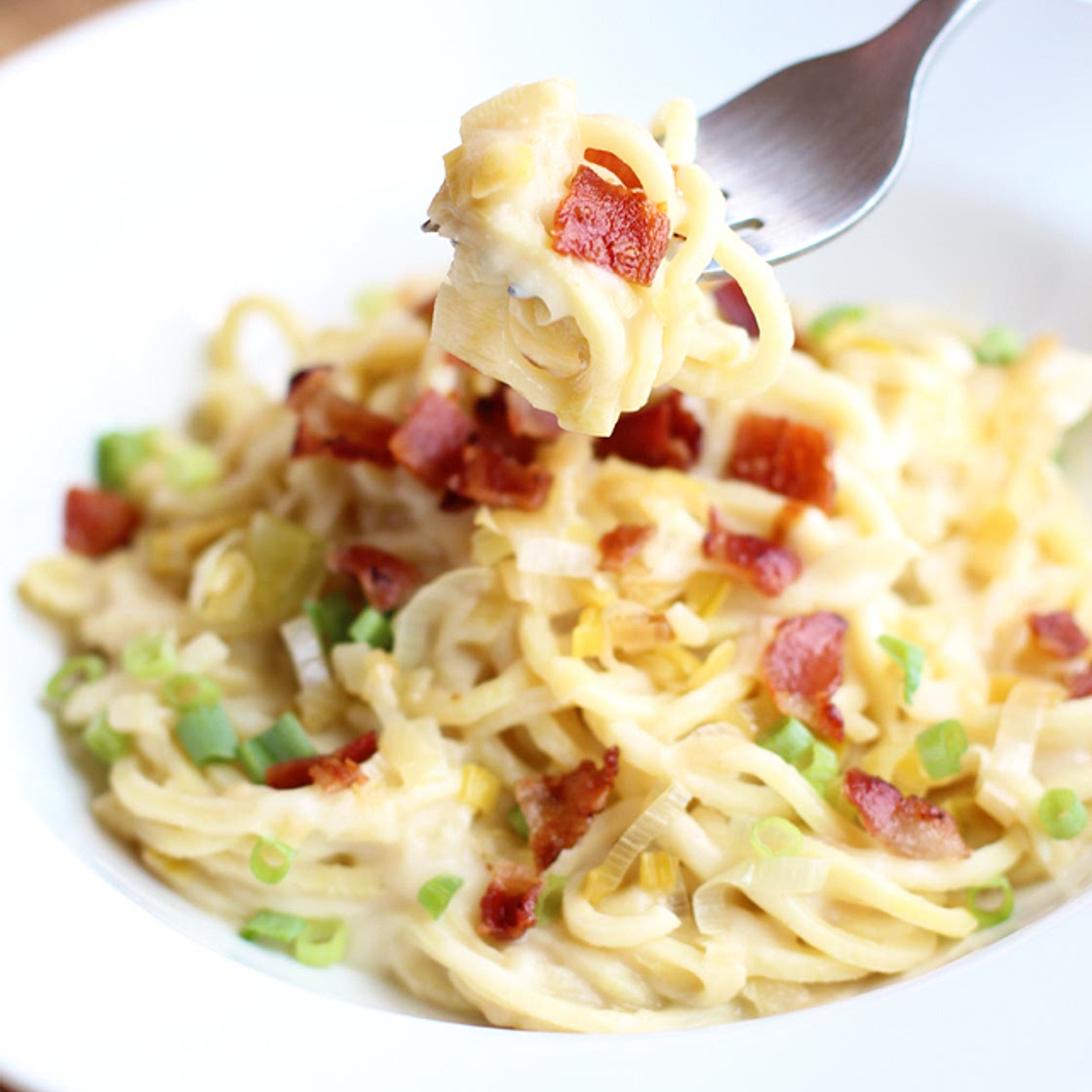 Paleo Alfredo with Caramelized Leeks & Bacon