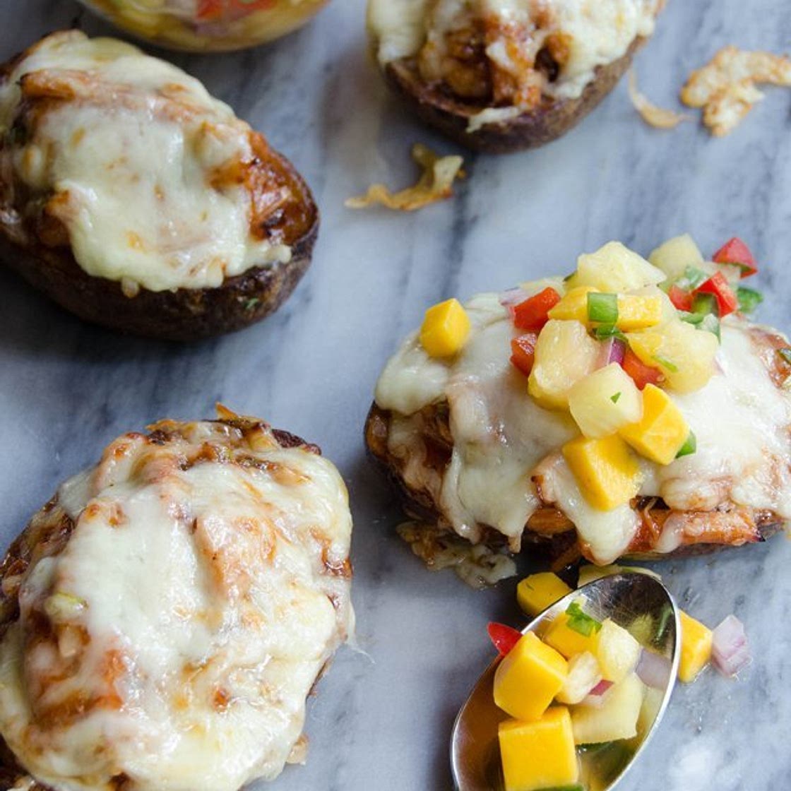 BBQ Chicken Stuffed Potato Skins with Pineapple and Mango Salsa