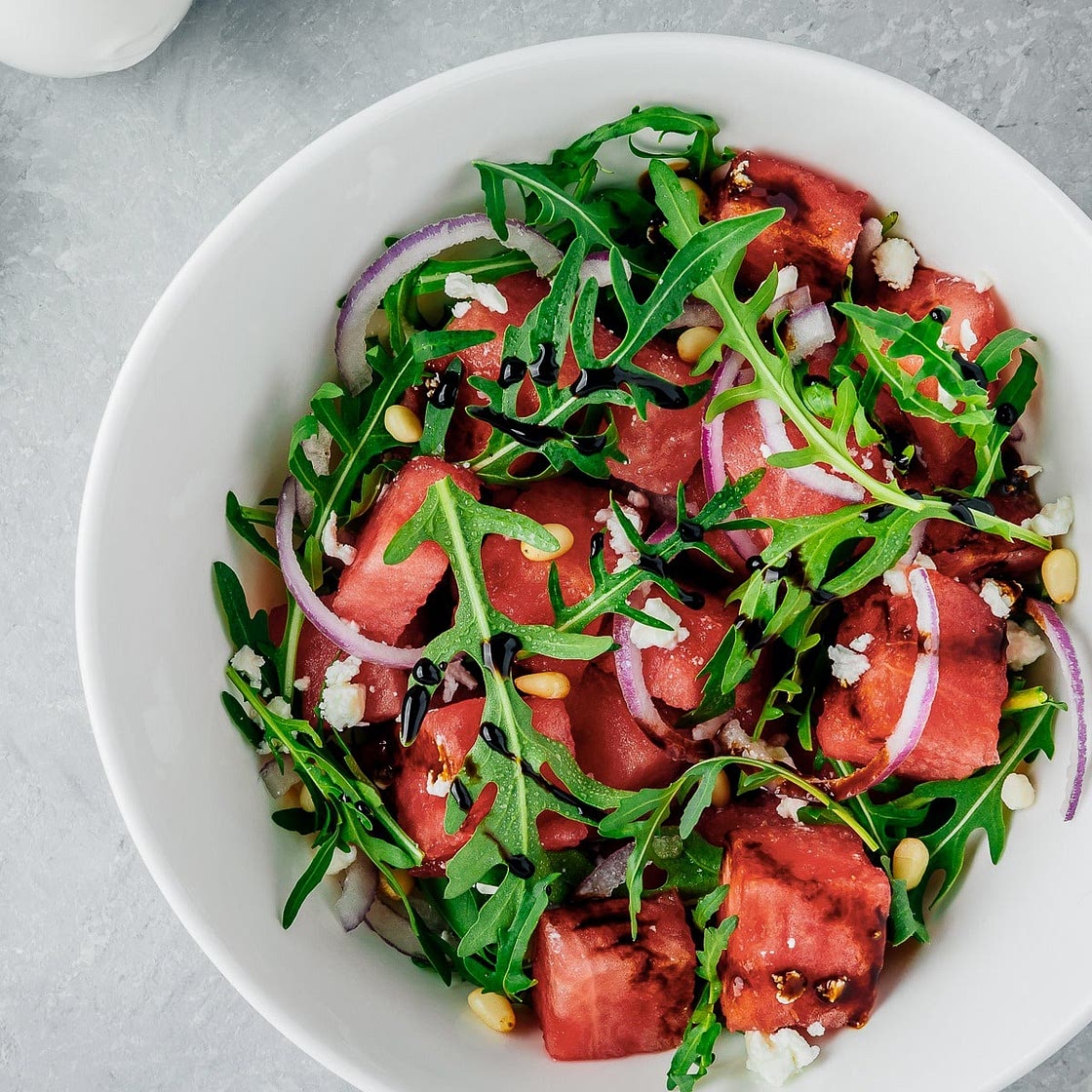 Arugula and Watermelon Salad with Red Onion, Feta and Pine Nuts Recipe