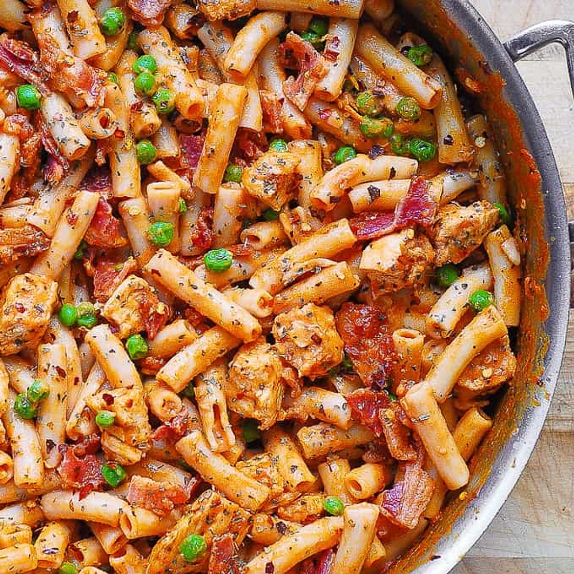 Spicy Chicken Pasta with Bacon and Peas