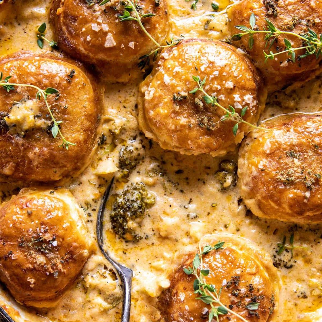 Creamy Broccoli Cheddar Casserole with Garlic Butter Pretzels