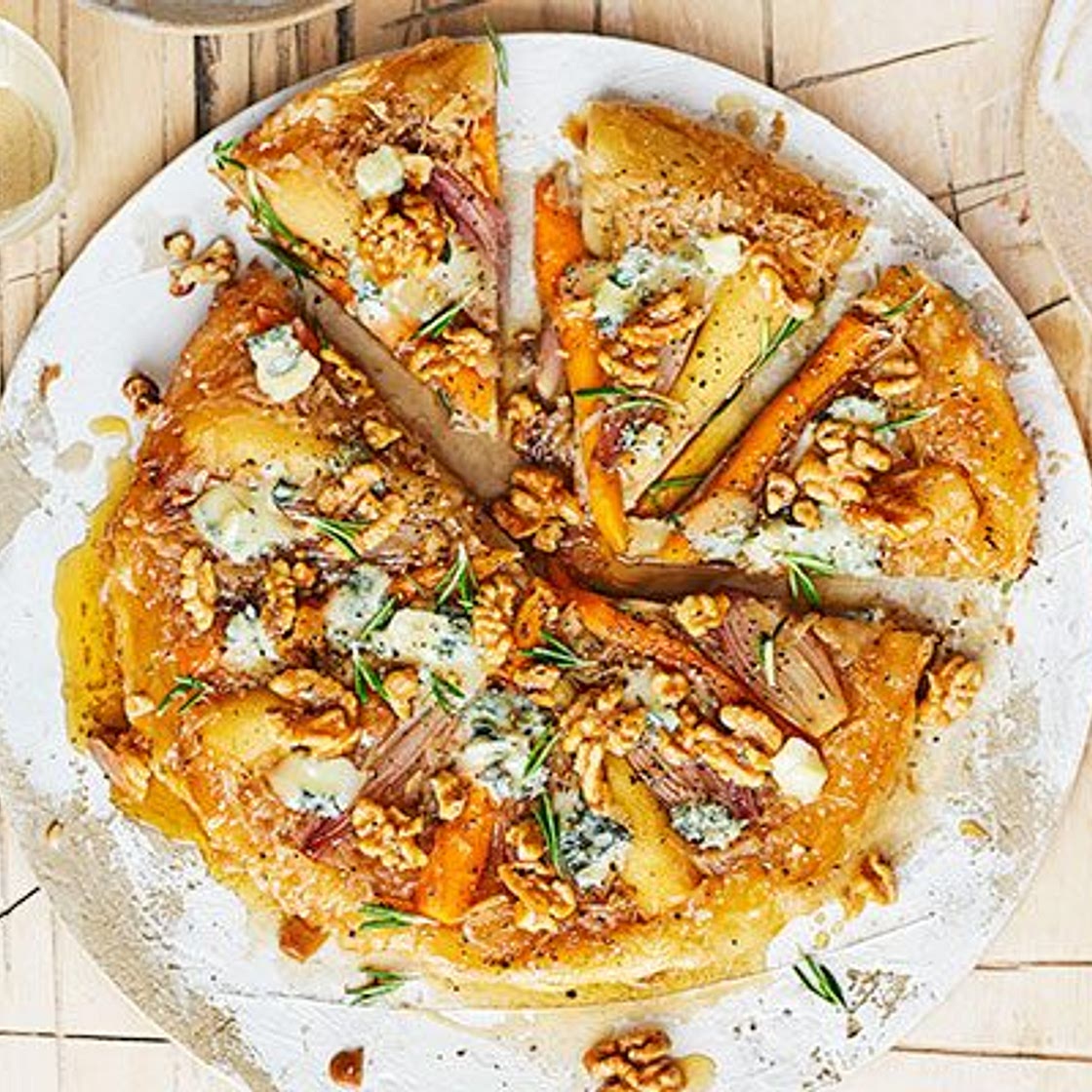 Root vegetable tatin with candied nuts & blue cheese