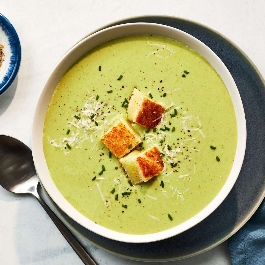 Broccoli-Parmesan Soup with Grilled Cheese Croutons