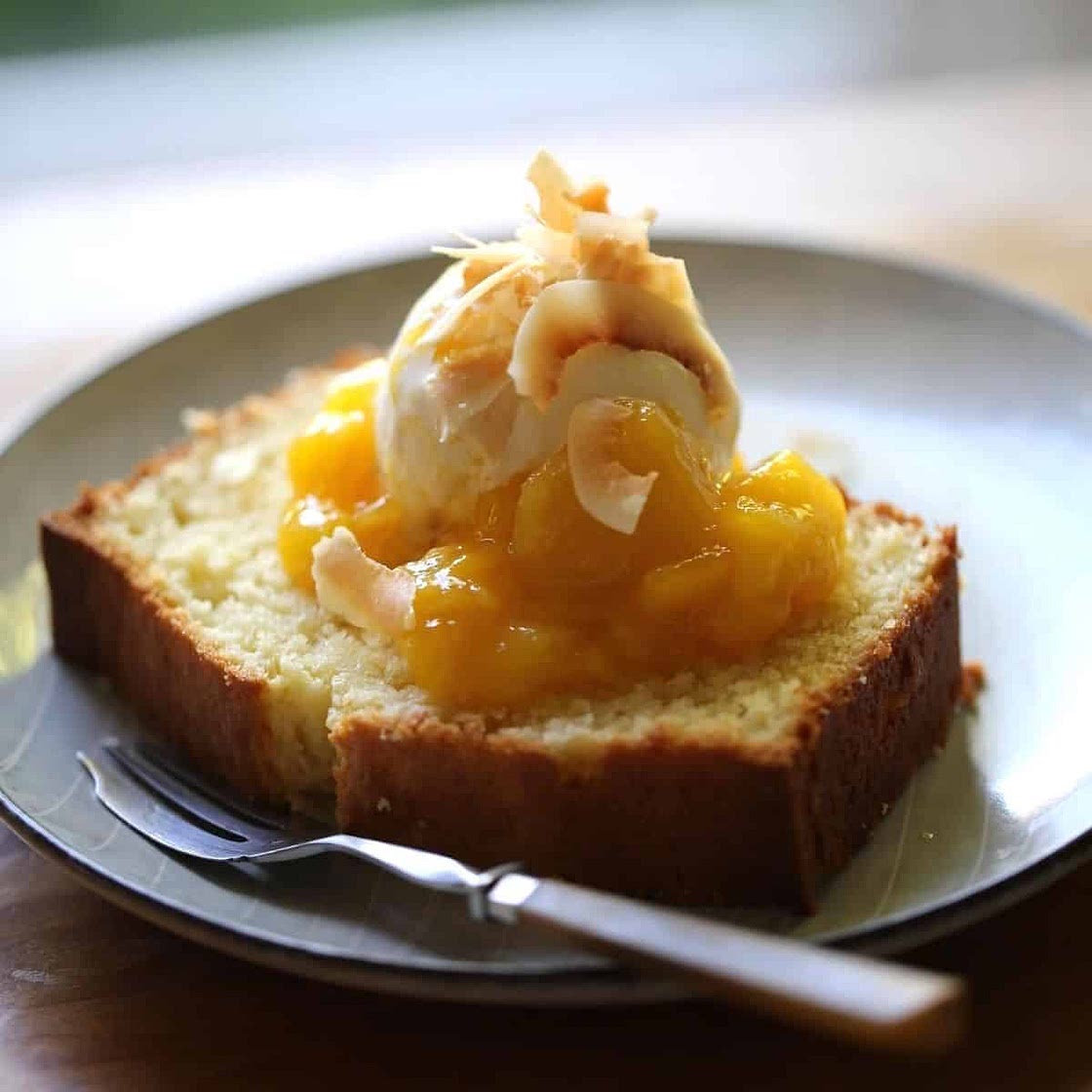 Coconut Pound Cake Recipe with Syrupy Mangoes