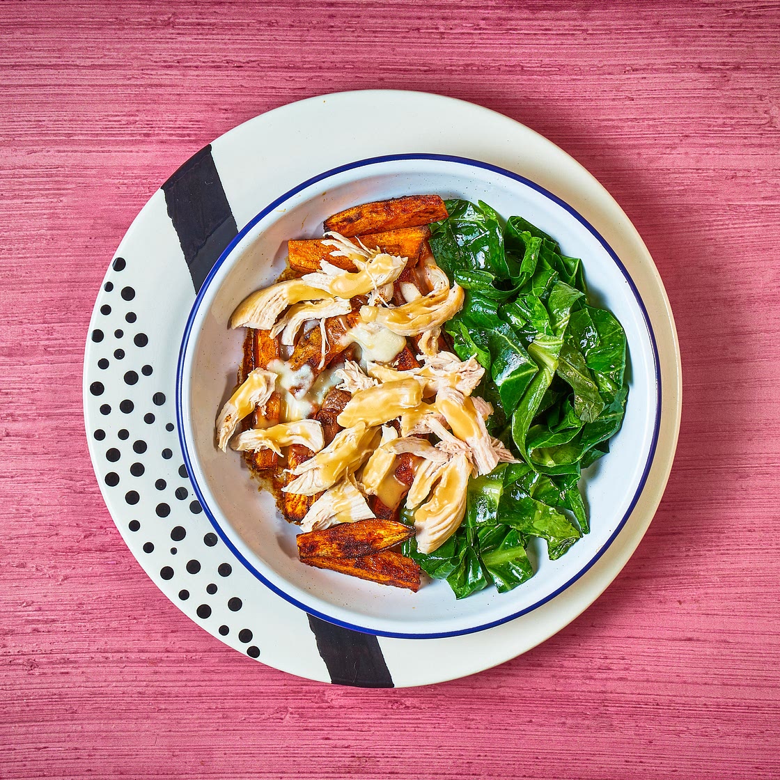 Chicken & Sweet Potato Poutine With Buttered Greens