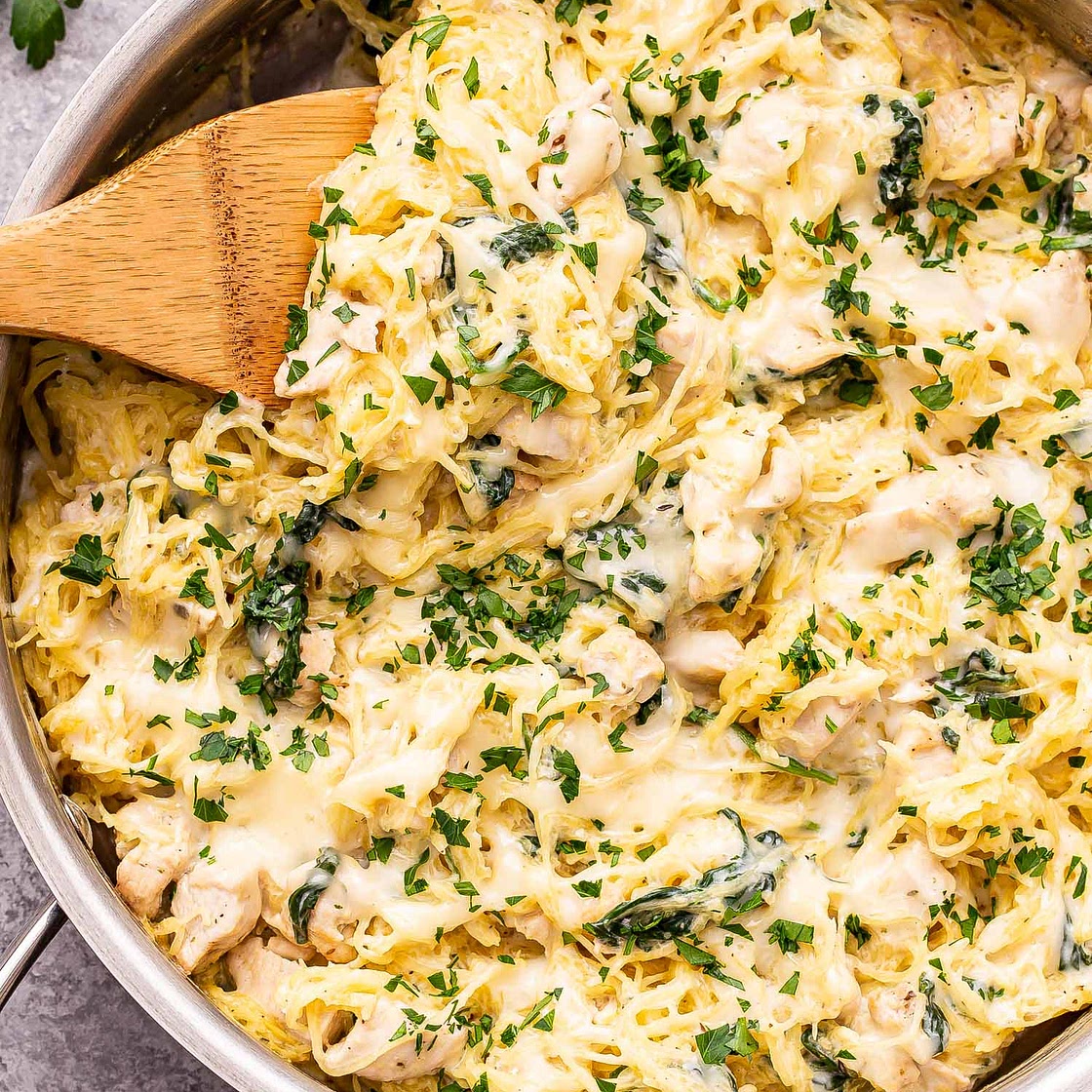 Chicken and Spinach Spaghetti Squash Alfredo