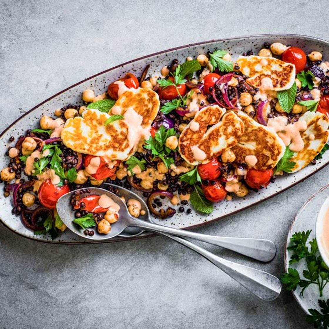 Spiced lentil and chickpea salad with halloumi