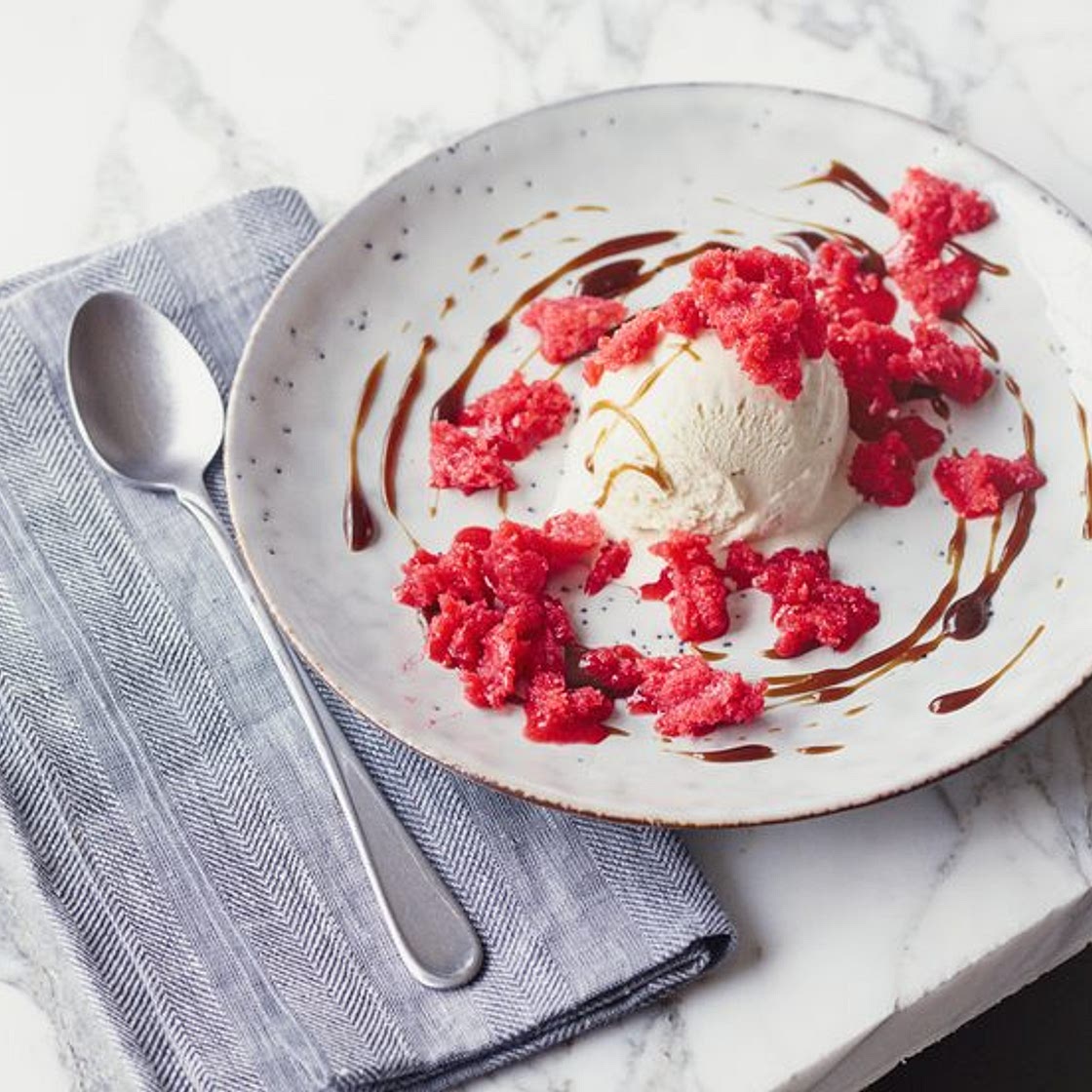 Raspberry granita with balsamic caramel
